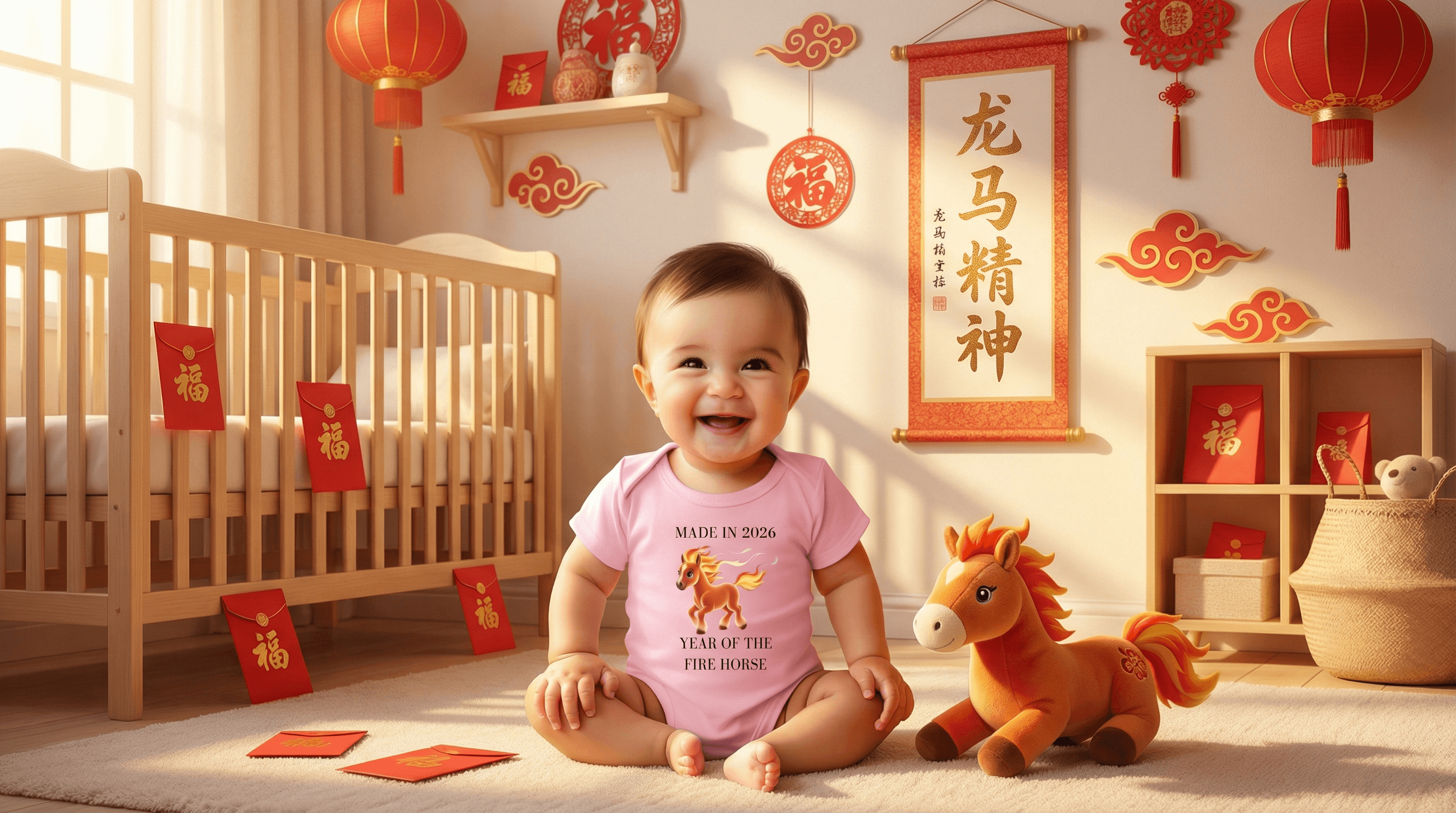 Cultural nursery decorations for a 2026 Fire Horse baby symbolizing health and vitality.