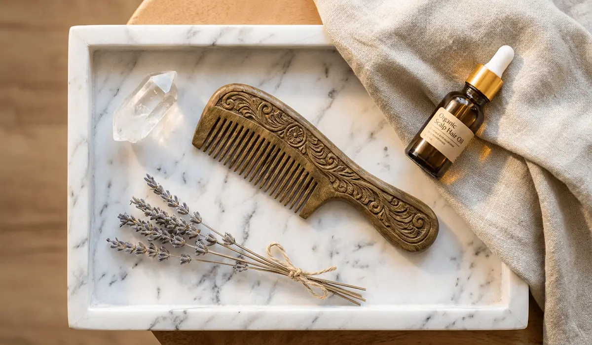Sacred vanity flatlay displaying a hand-carved green sandalwood comb, clear quartz crystal point, and botanical hair oil bottle on a marble tray.