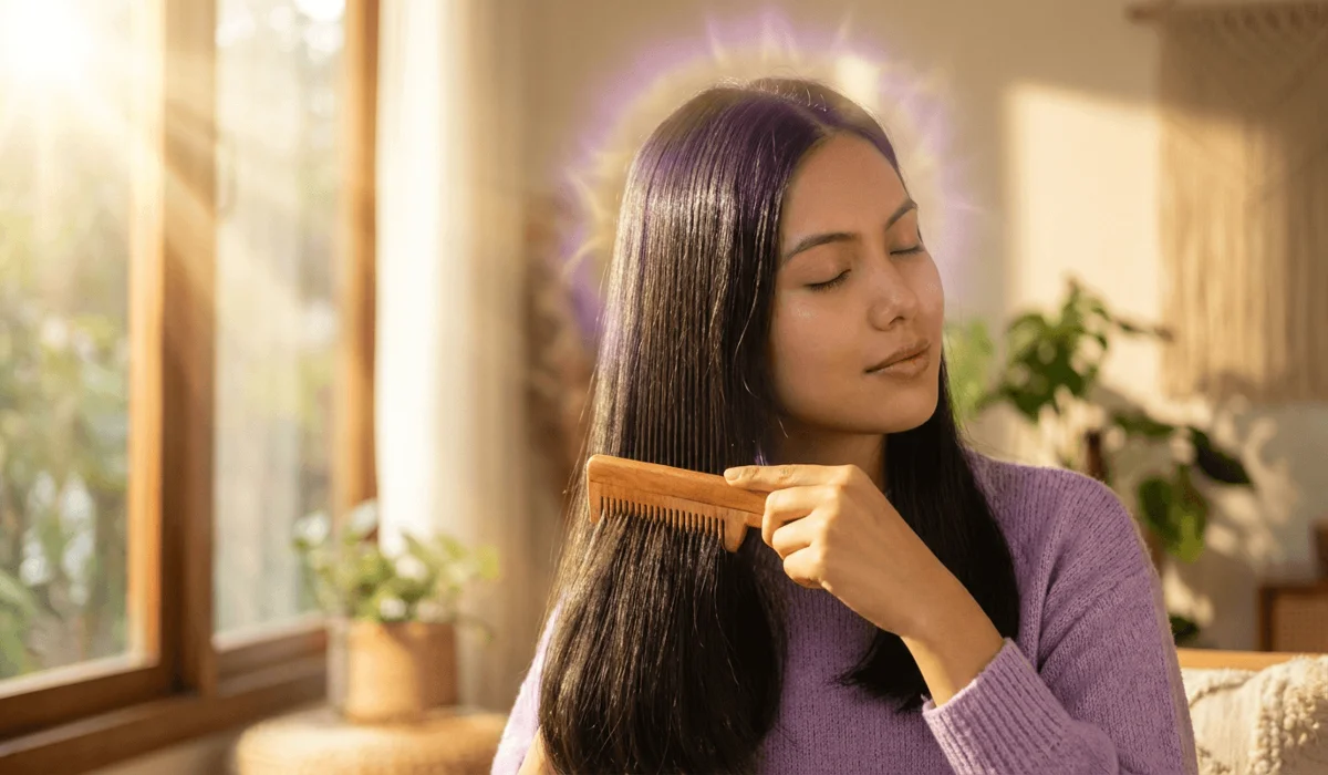 Woman performing a peaceful hair combing ritual with a natural wooden comb in golden morning sunlight for crown chakra energy alignment.
