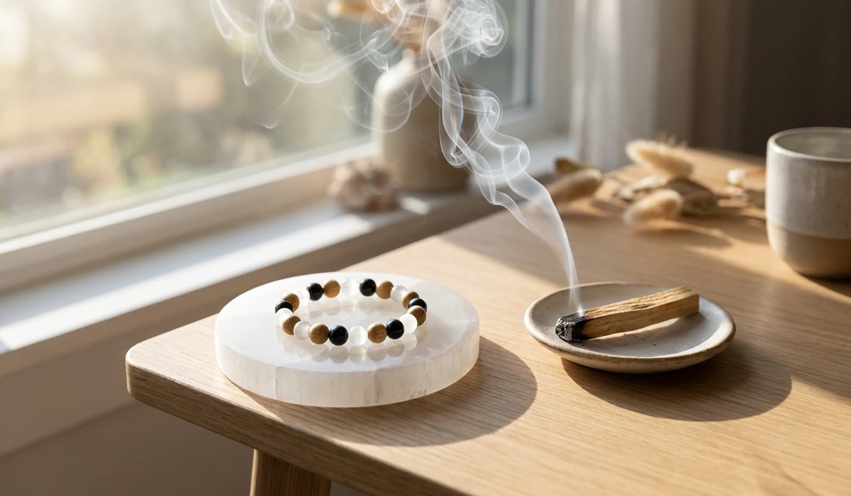 A men's protection bracelet being cleansed with Palo Santo smoke on a Selenite charging plate.