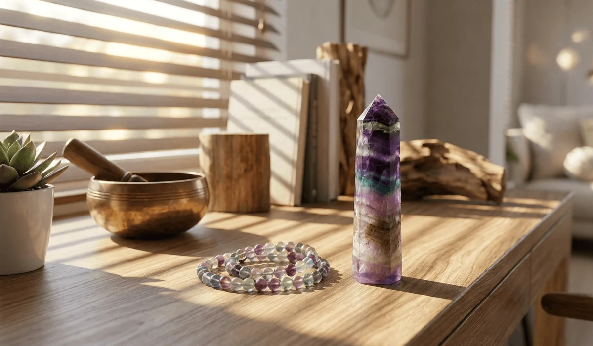 Authentic rainbow fluorite crystal tower and bracelet arranged on a clean desk for Feng Shui energy and mental focus.