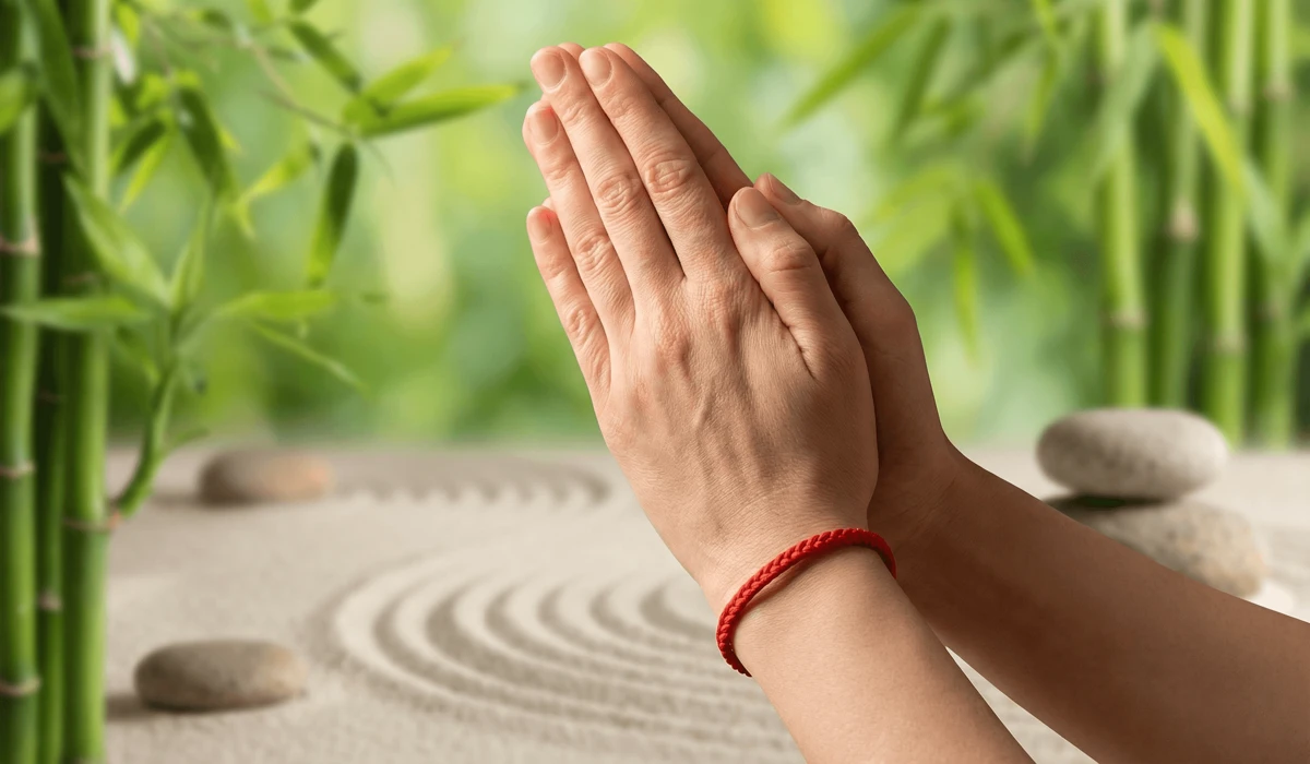 A person wearing a red Tibetan blessed bracelet on their left wrist for spiritual protection and energy absorption.