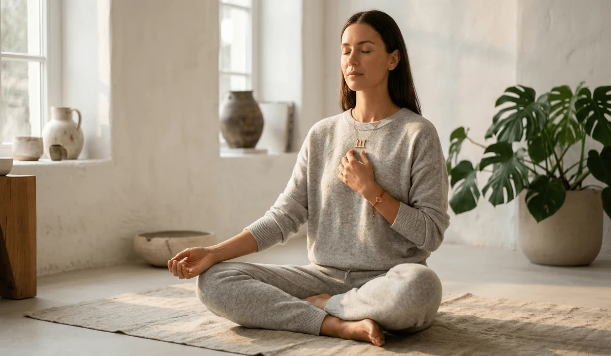 A woman meditating while wearing a 111 angel number necklace as a mindfulness tool and spiritual anchor.