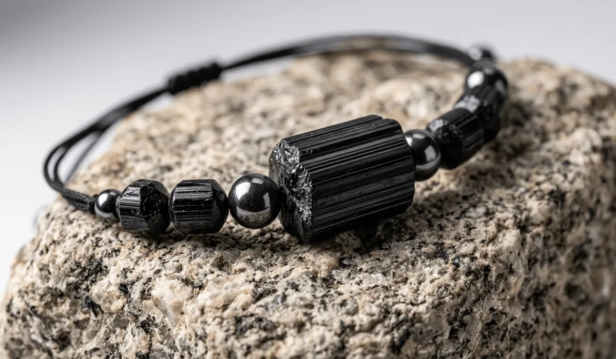 Close-up of a Black Tourmaline anklet with raw schorl beads showing natural striations on a granite background.