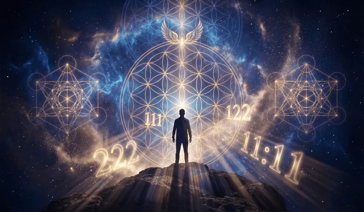 A spiritual representation of angel numbers 111 and 222 floating in a cosmic nebula, symbolizing divine synchronicity and universal connection.