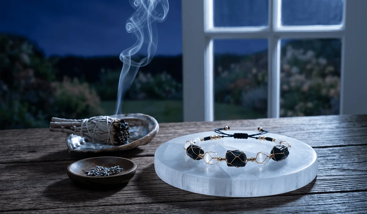 A Black Tourmaline anklet being cleansed with sage smoke and charged on a Selenite plate under moonlight.