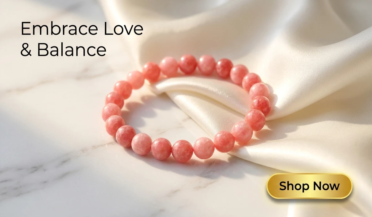 Rhodochrosite Natural Stone Bracelet for Love and Balance, premium pink gemstone bead jewelry on silk background with Shop Now button