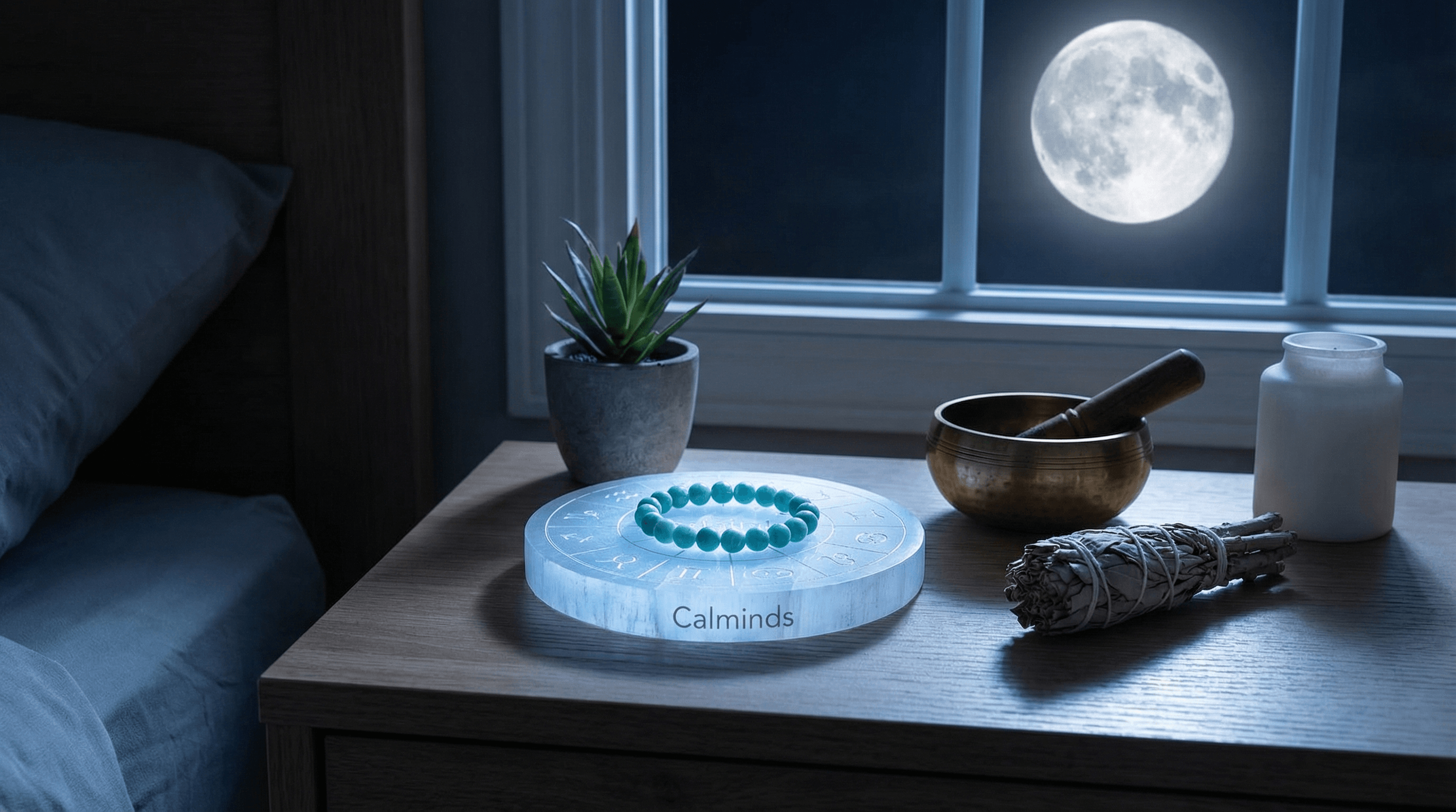 Cleansing and recharging a crystal travel bracelet on a Selenite plate under moonlight after a trip.