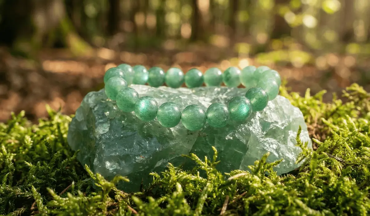 A shimmering Green Aventurine beaded bracelet on natural moss and raw quartz, illustrating the Stone of Opportunity.