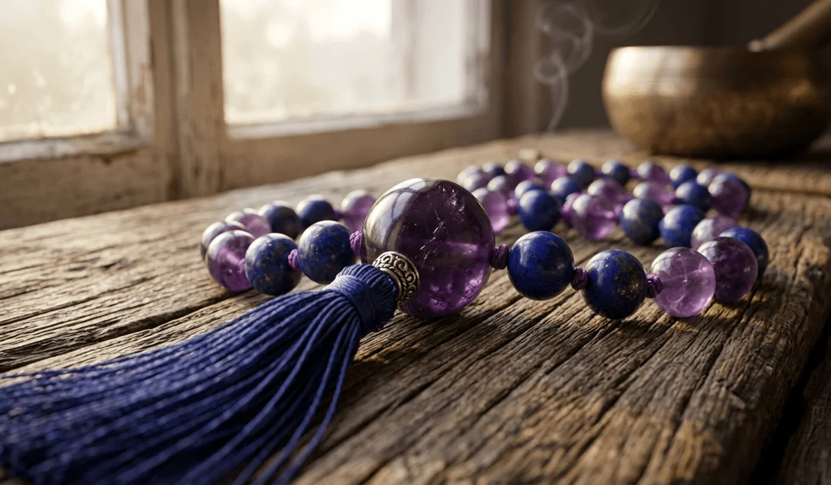 Traditional 108 gemstone mala beads with Guru bead and silk tassel for japa meditation focus.