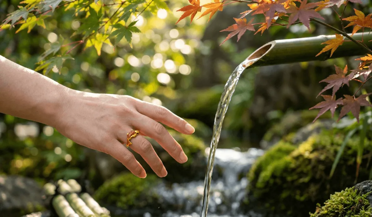 A gold koi fish ring worn on the left hand to attract wealth and prosperity according to Feng Shui principles.