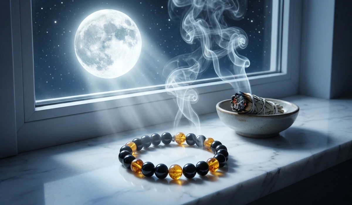 A child's protection bracelet being charged under full moonlight on a windowsill with sage smoke cleansing.