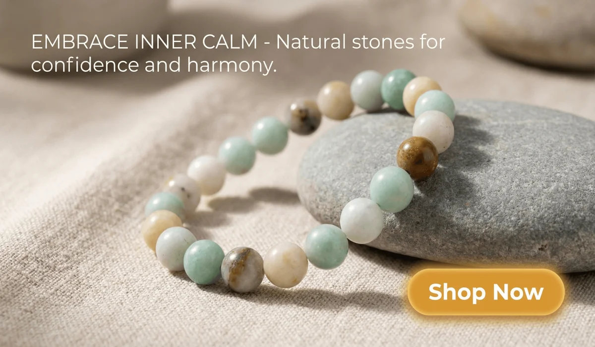 Natural Amazonite beaded bracelet for confidence and emotional balance on a zen-style background with a Shop Now button