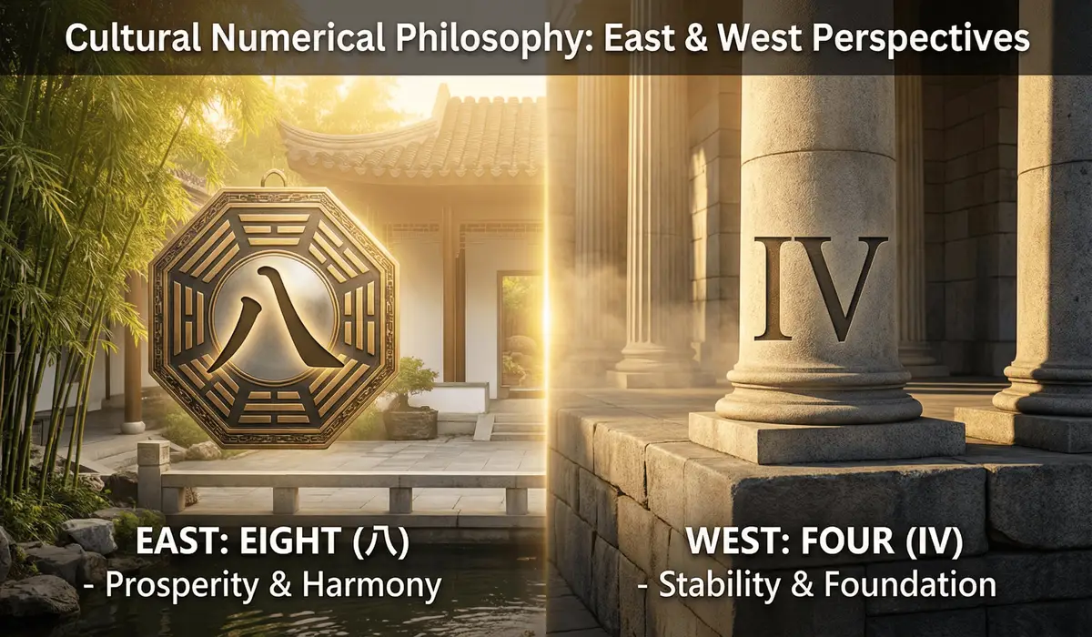 A visual comparison of Eastern and Western cultural interpretations of the numbers four and eight.