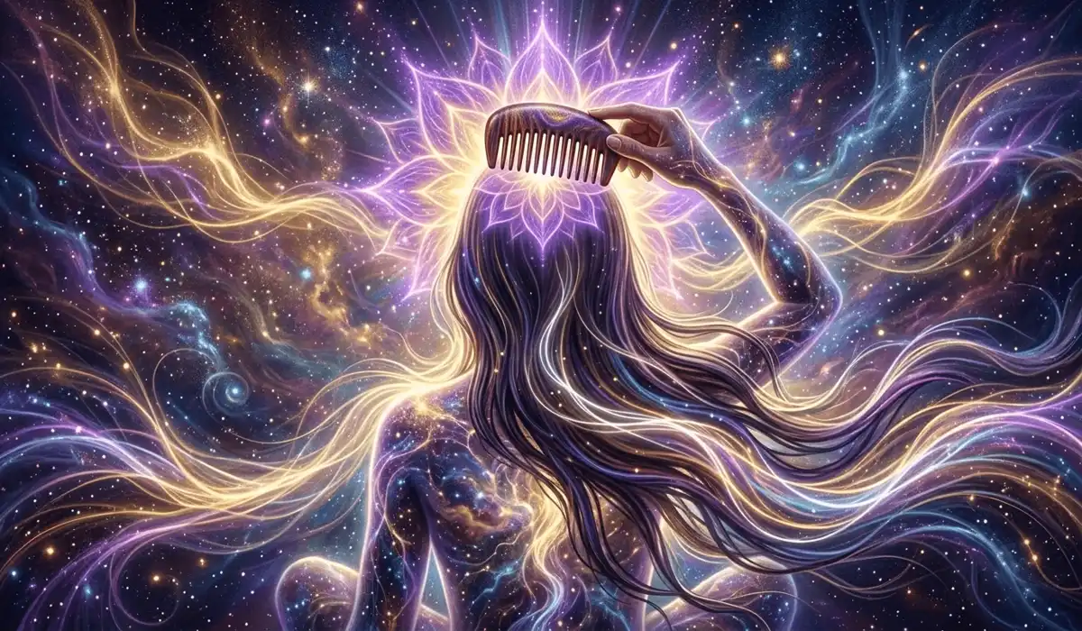 Mystical illustration of a sandalwood comb stimulating the Crown Chakra and promoting the harmonious flow of Qi energy.