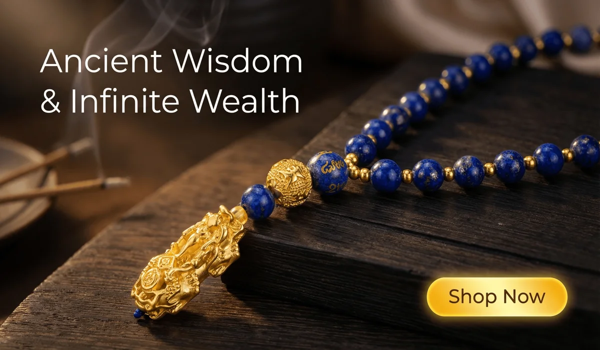 High-end Lapis Lazuli Pixiu Pendant Necklace for wealth and wisdom, featured in a luxury zen setting with a Shop Now button for SEO blog content.