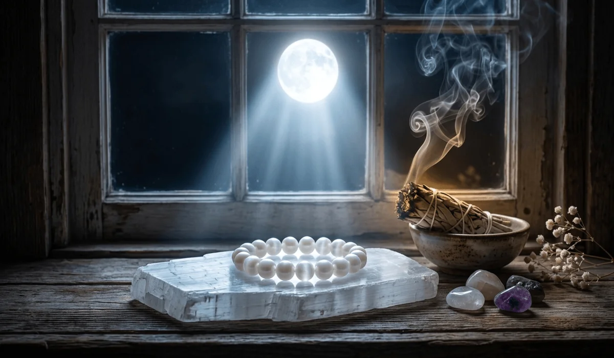 Charging a pearl bracelet under full moonlight on a Selenite plate for aura cleansing and energetic refreshing.