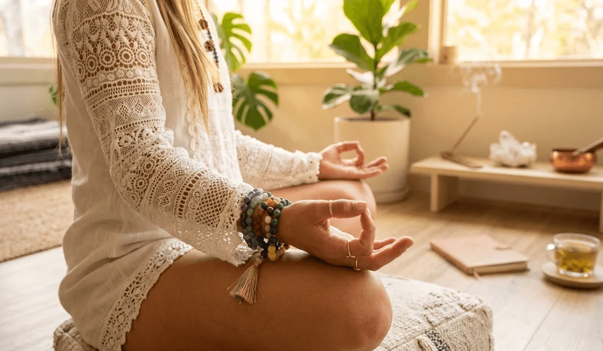 A person wearing a gemstone mala on their wrist during meditation, illustrating how to wear a mala for energy and intention.