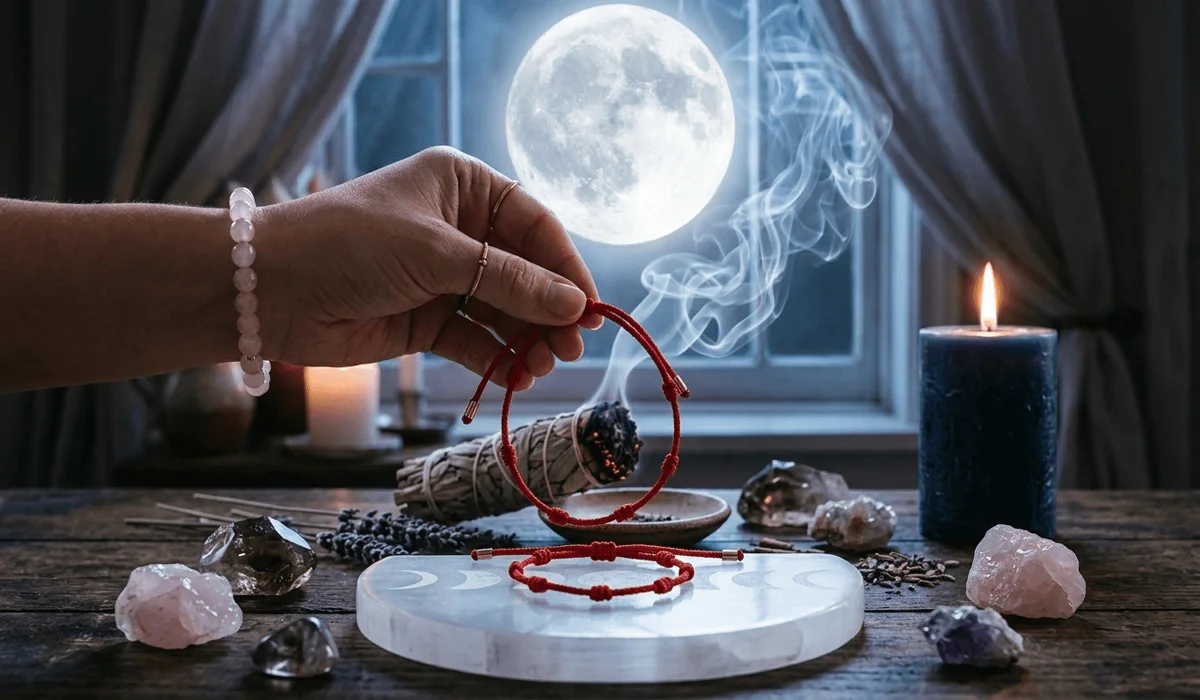 Spiritual cleansing ritual for a red string anklet using sage smoke and moonlight on a selenite crystal to recharge its protective properties.