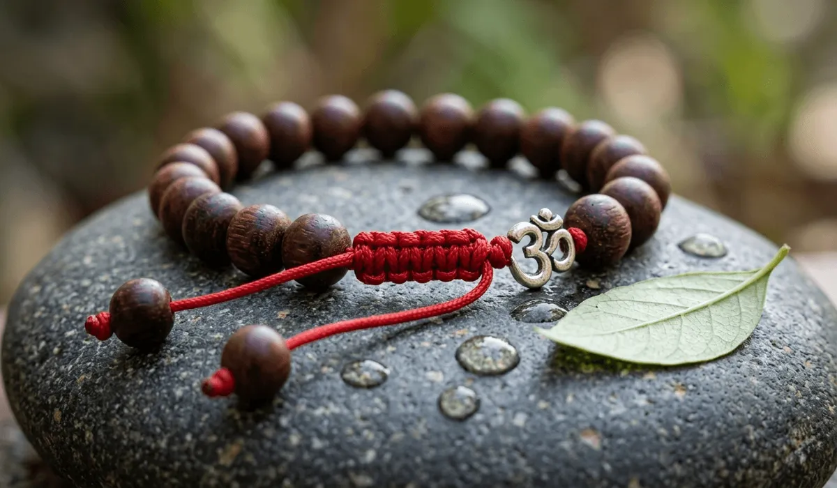 Sandalwood Zen mala bracelet with an Om symbol on a river stone, representing the materials and origin of mindfulness jewelry.