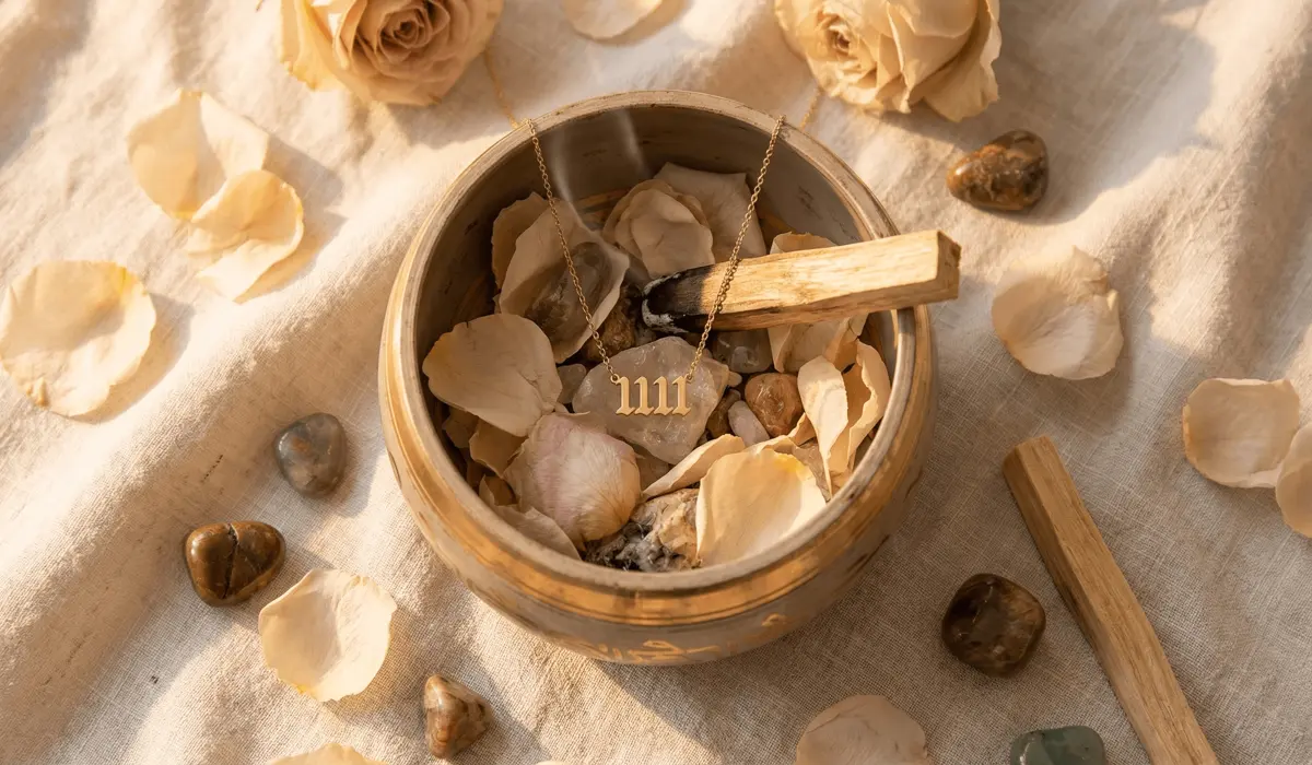 Angel number jewelry being cleansed in a singing bowl with palo santo for energetic charging.