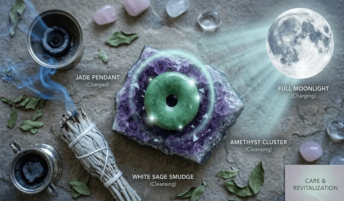A Jade pendant placed on an Amethyst cluster for energetic charging and cleansing with sage.