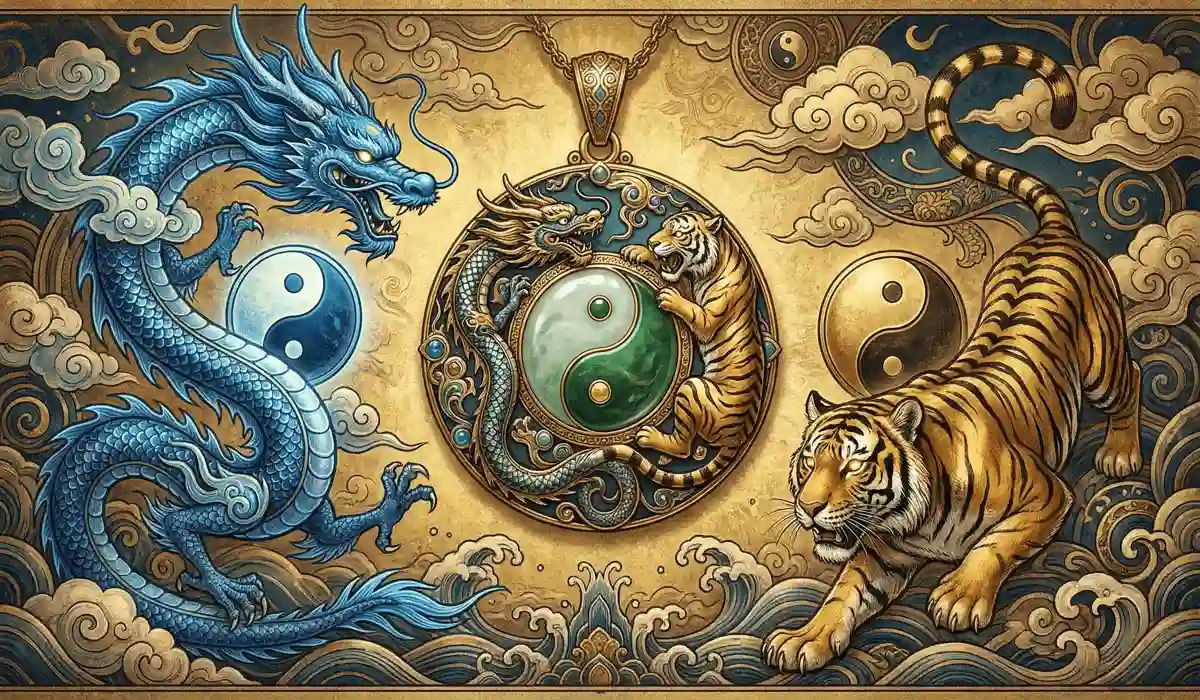 Artistic representation of Dragon and Tiger energy balance, symbolizing the union of wisdom and physical bravery.