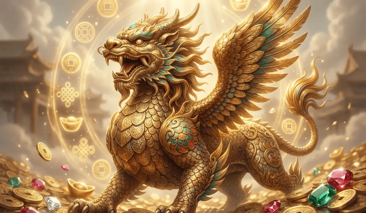 A golden celestial Pixiu creature, the Chinese Money Beast, representing wealth attraction and spiritual protection.