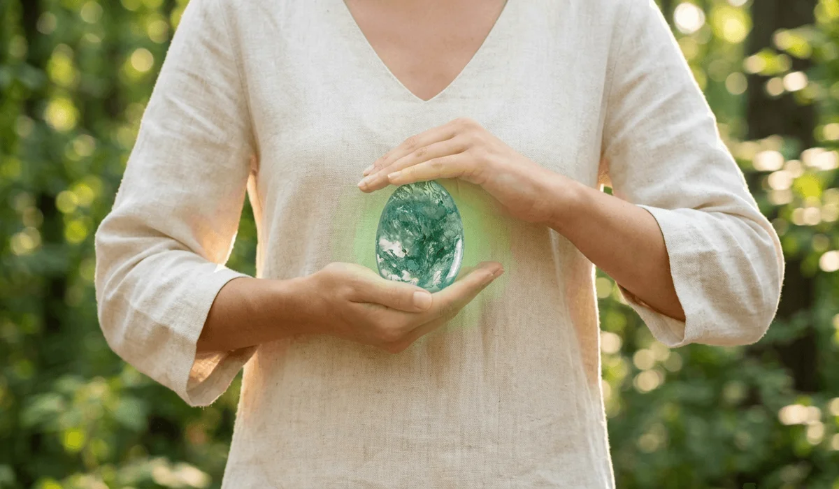 A person holding Moss Agate near the Heart Chakra to promote emotional healing and spiritual growth.
