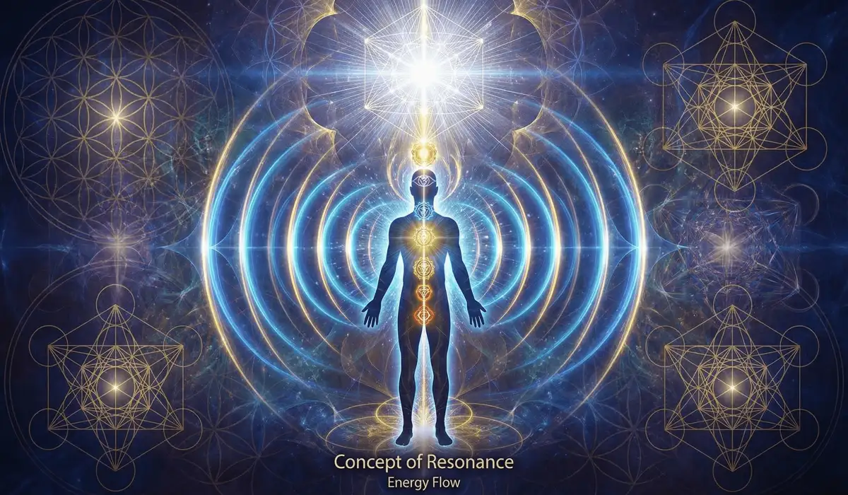 Abstract digital art depicting spiritual resonance and energy alignment with cosmic frequencies and sacred geometry.