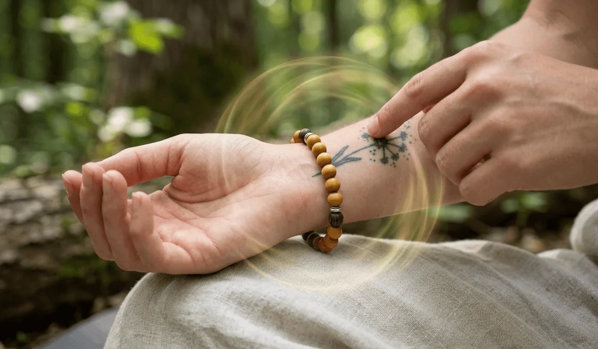 A person wearing a Boxwood bracelet for grounding energy and mental clarity during a meditation session.