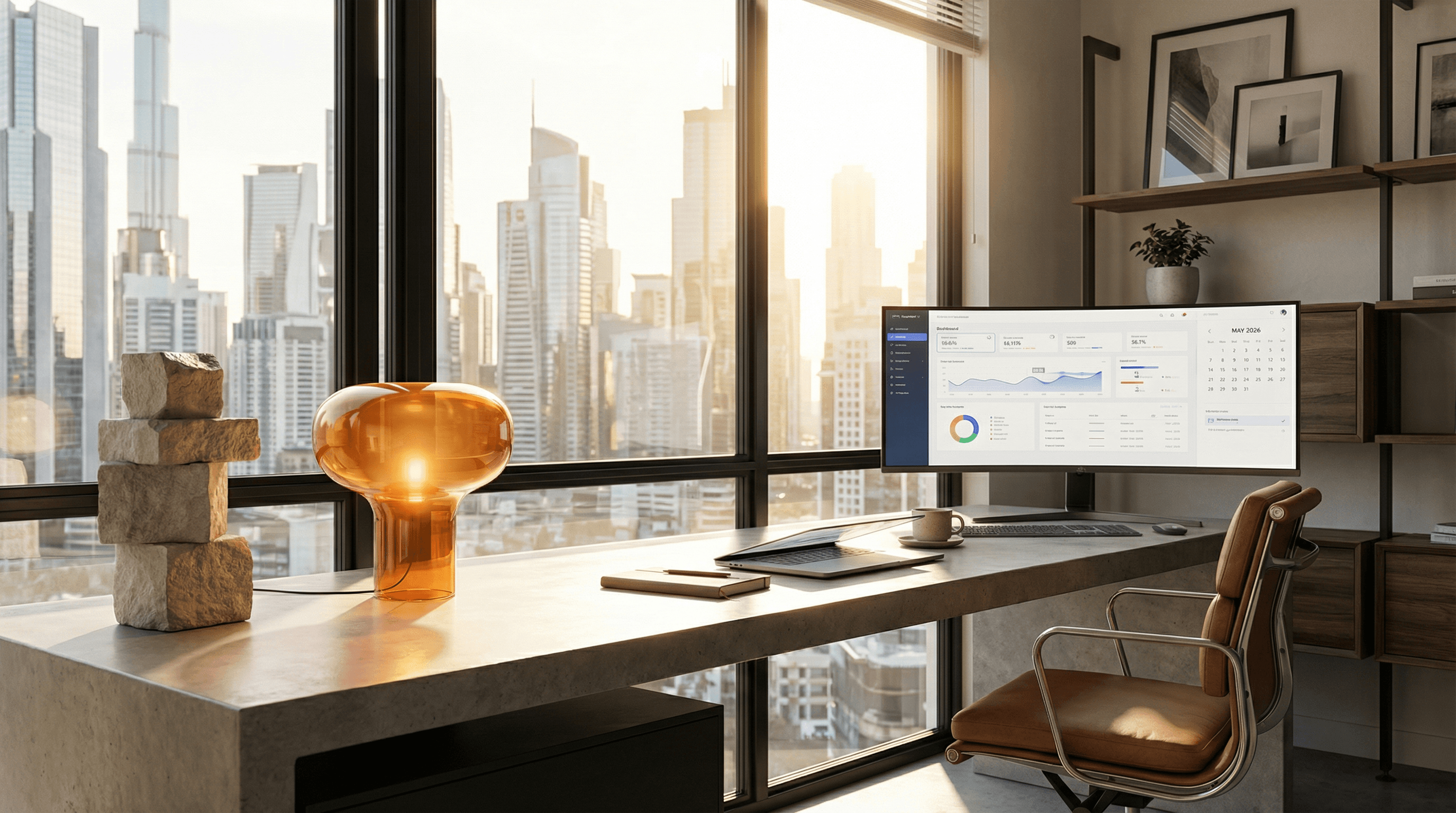 Modern home office with orange glass lamp and stone sculpture showing a balance of Fire and Earth elements for 2026.
