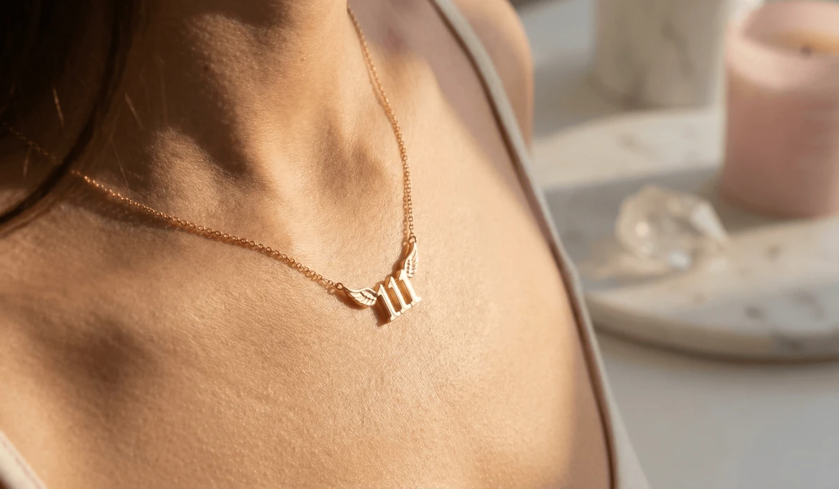 Close-up of a gold 111 angel number necklace representing manifestation and new beginnings.