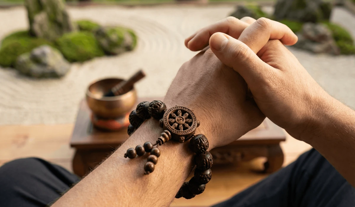A person wearing a Dharma Wheel bracelet on their left wrist during meditation for spiritual transformation.