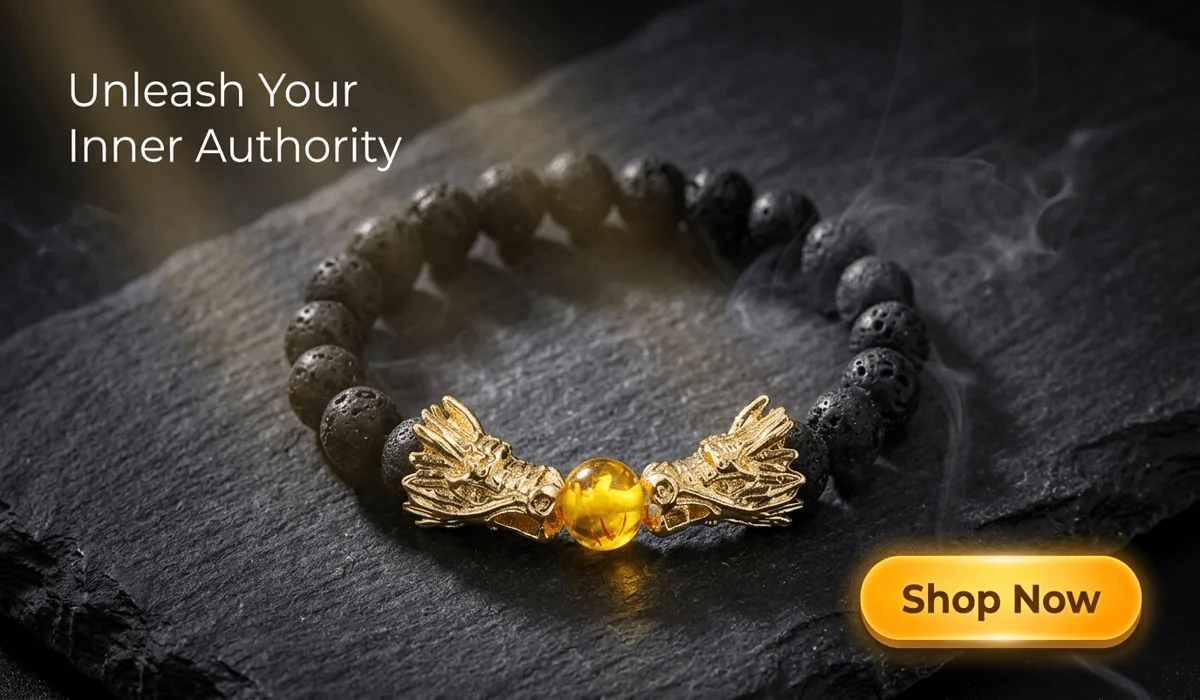 Power-Attracting Double Dragon Head Lava Stone Amber Bracelet on a dark luxury background - Modern blog illustration for authority and prosperity jewelry.