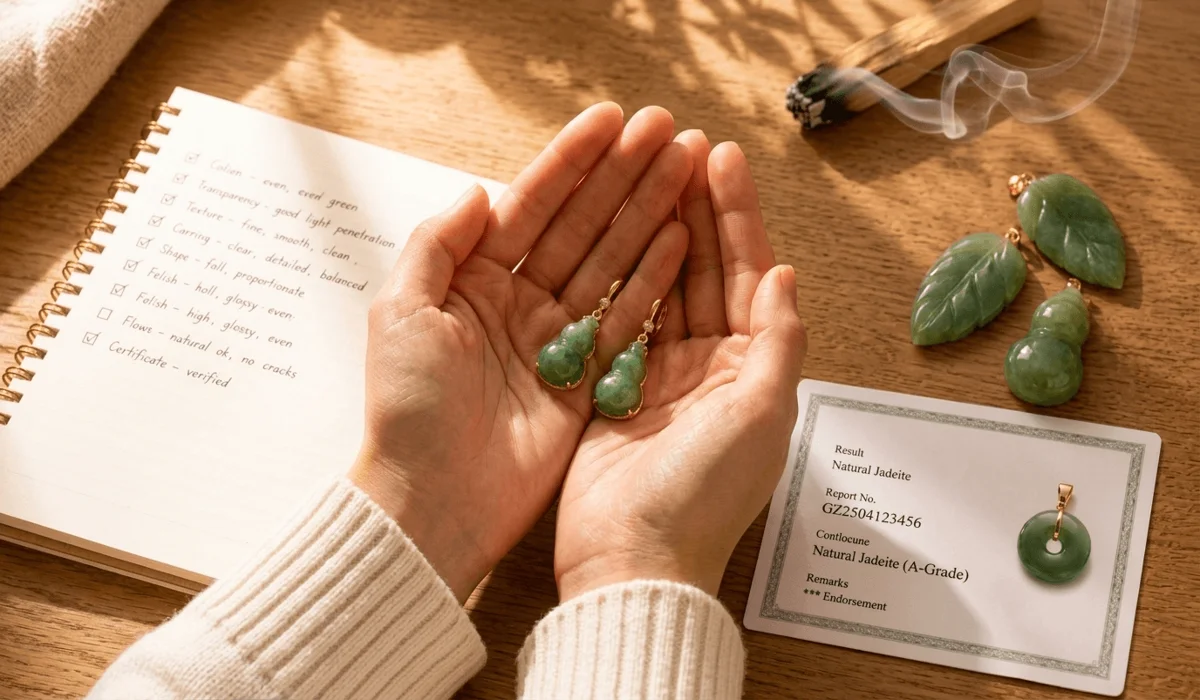 Hands gently holding green jade earrings over a wooden table during a spiritual intention-setting ritual.