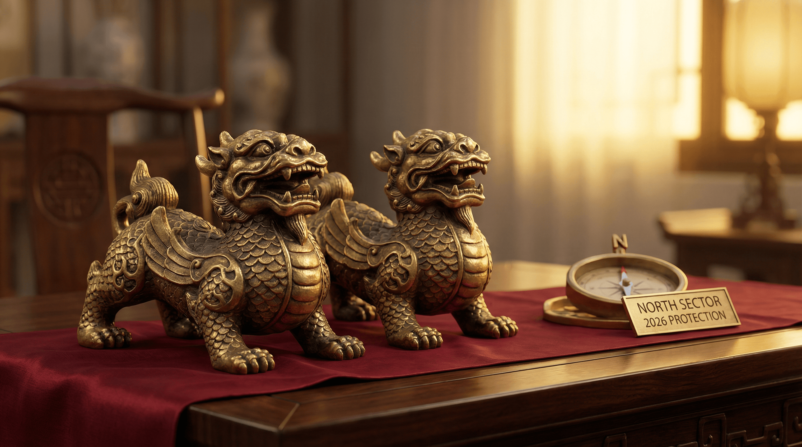 Traditional gold Pi Yao statues placed in the North sector facing South for 2026 protection.