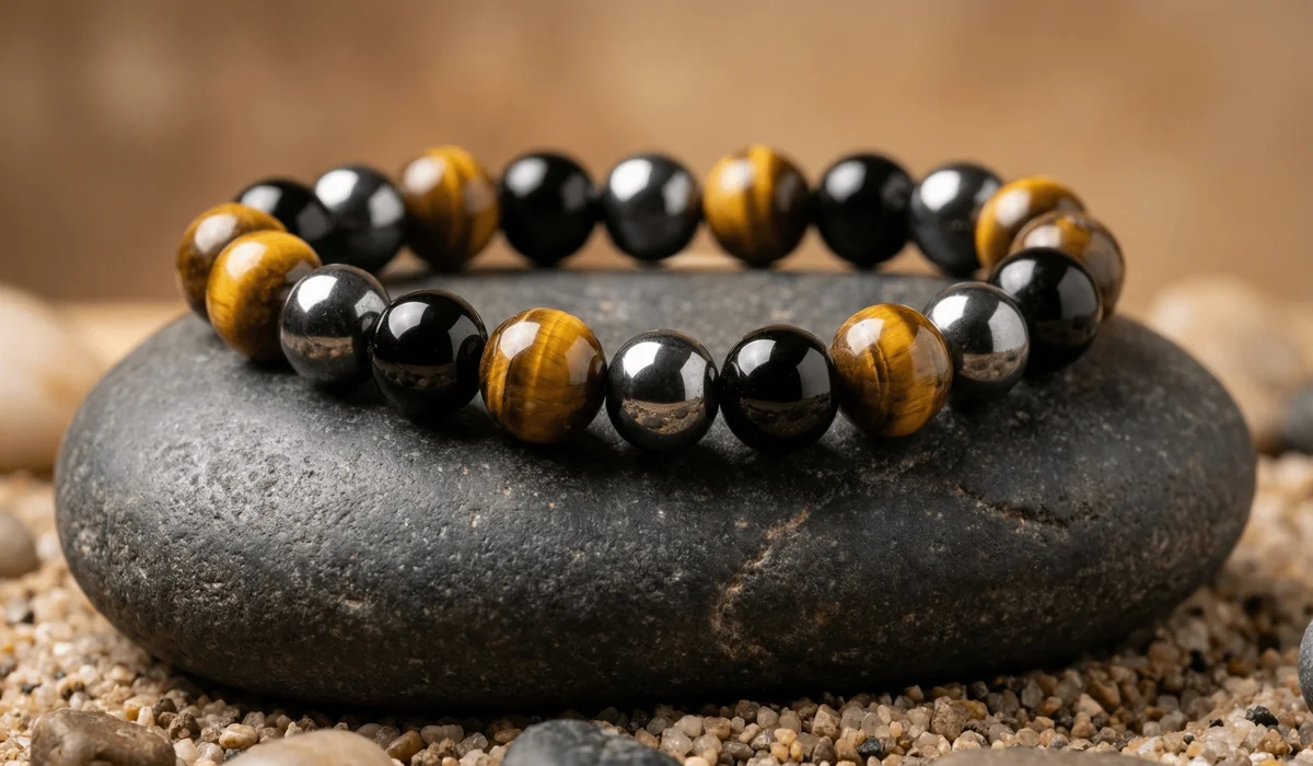 High-quality Triple Protection Bracelet featuring Tiger&rsquo;s Eye, Black Obsidian, and Hematite beads on a natural stone background.