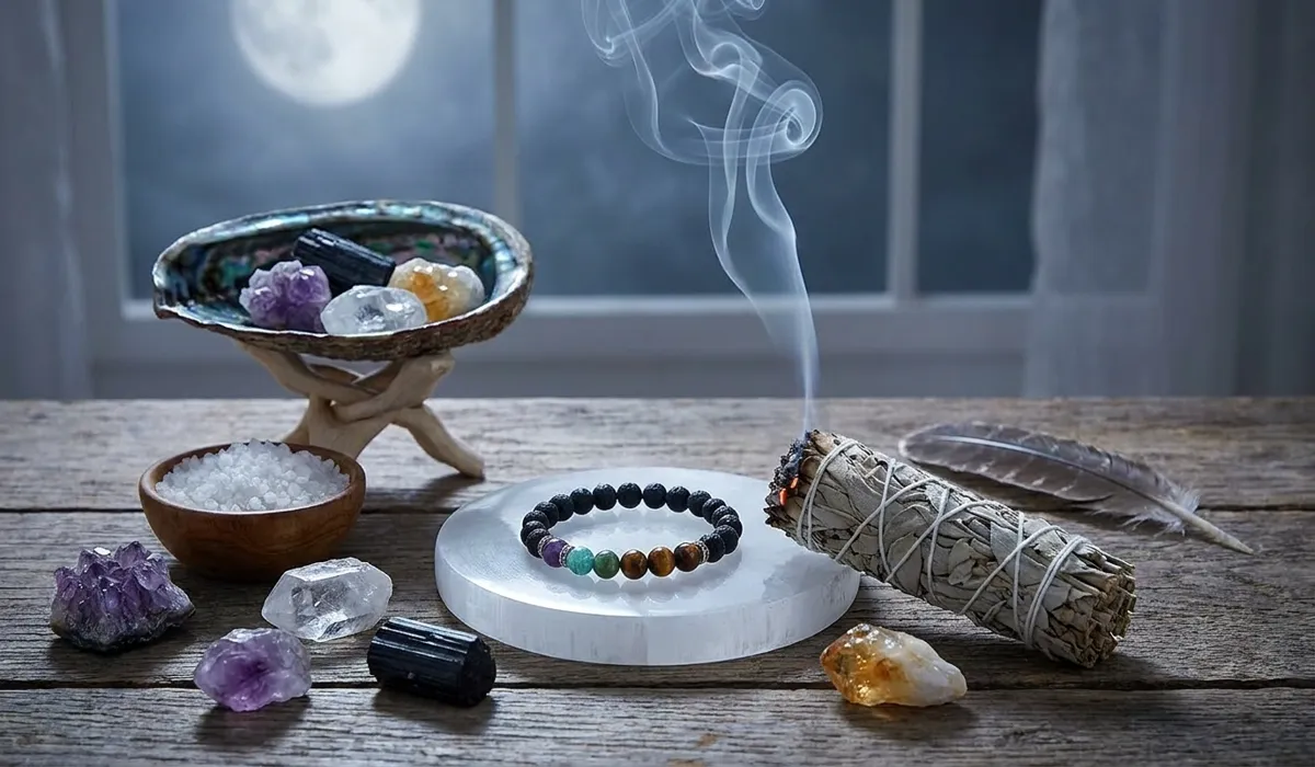 Spiritual cleansing ritual for a Triple Protection Bracelet using a Selenite plate and sage smudging smoke.