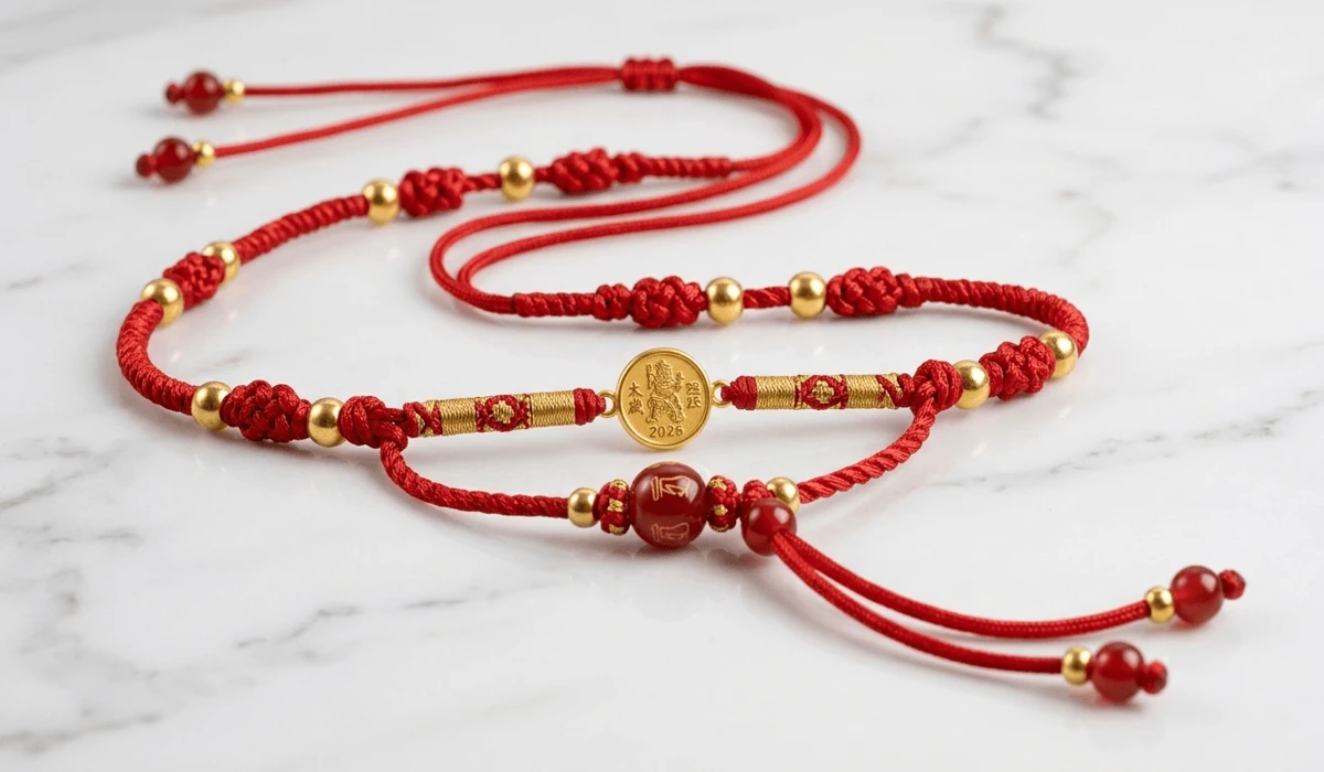 A detailed close-up of a hand-woven red string belly chain with a gold Tai Sui 2026 protection charm, symbolizing luck and vitality.