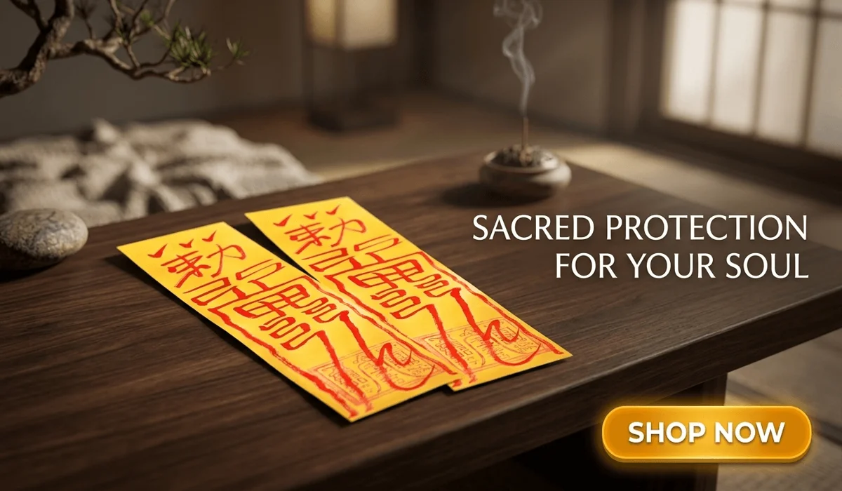 Personalised Peace and Safety Talisman for inner peace and spiritual protection, Taoist yellow paper charm with red calligraphy on a Zen background with Shop Now button.