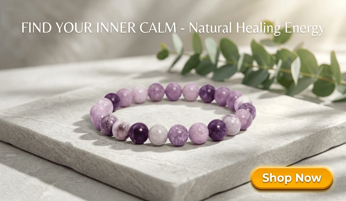 Natural Amethyst beaded bracelet for inner peace and cognitive clarity, presented on a serene minimalist stone background with a Shop Now button for spiritual wellness jewelry.