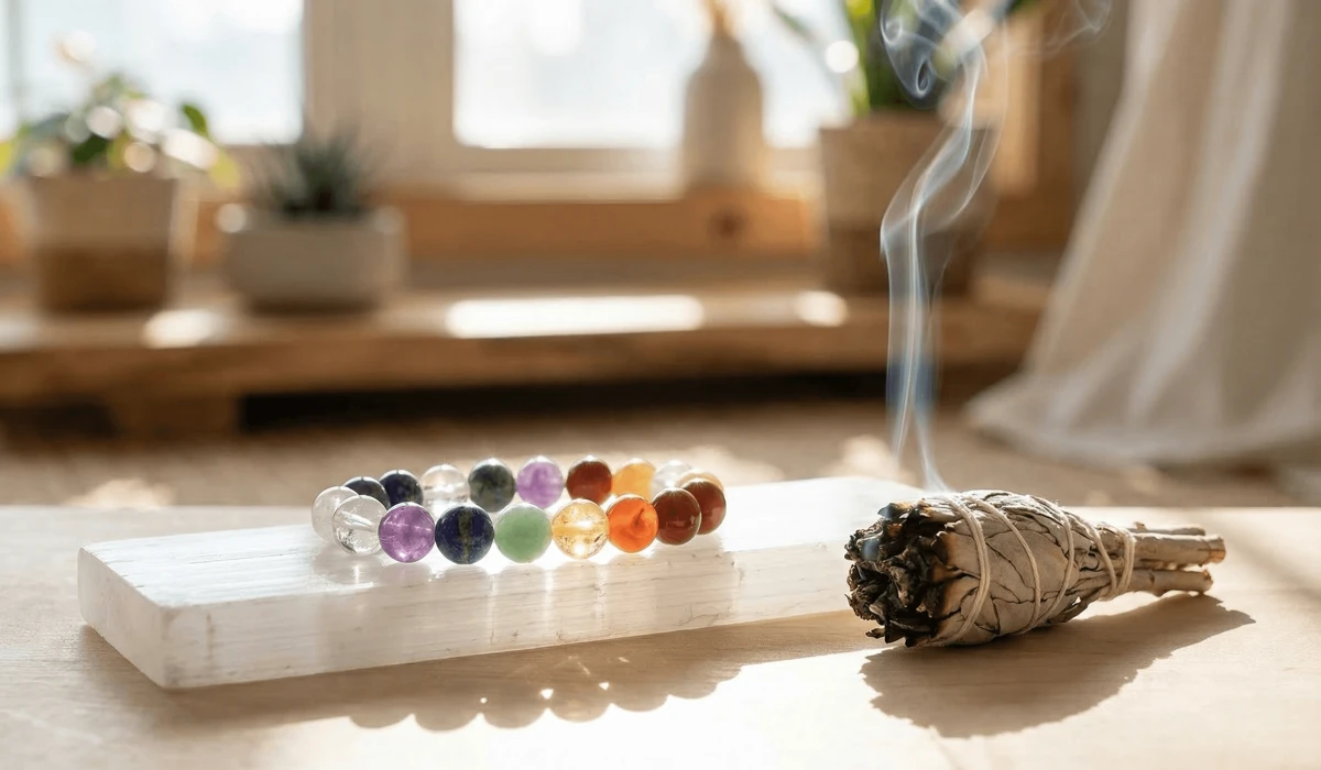 Cleansing and charging a Feng Shui travel bracelet using a Selenite plate and sage smudging.