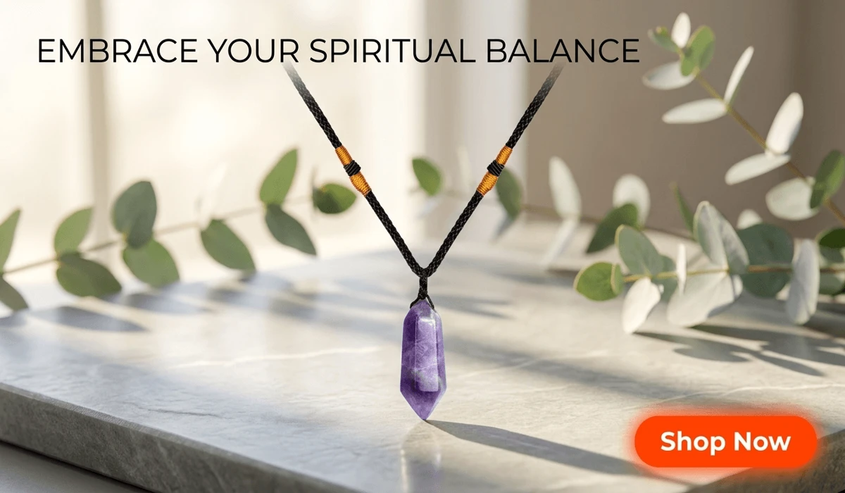 Amethyst Serenity Necklace - A premium purple crystal healing pendant for spiritual balance, featuring a 'Shop Now' button for e-commerce blog content.