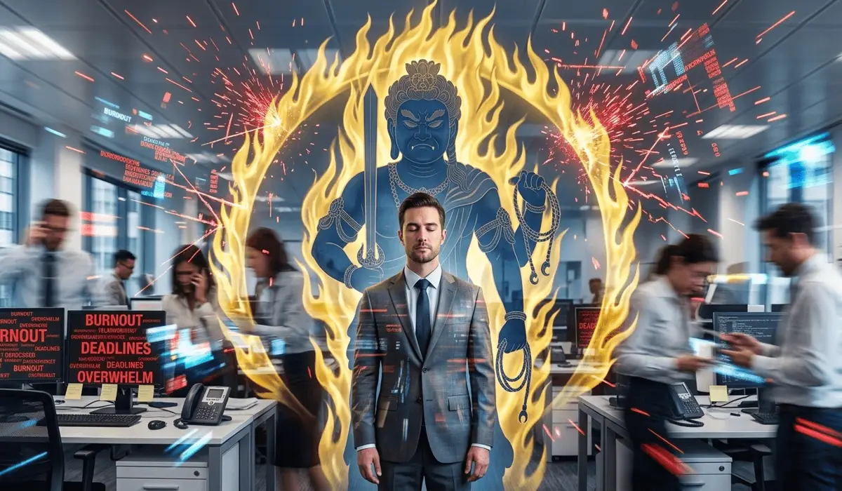 Spiritual protection concept showing Acala (Fudo Myoo) shielding a modern professional from career burnout and stress.
