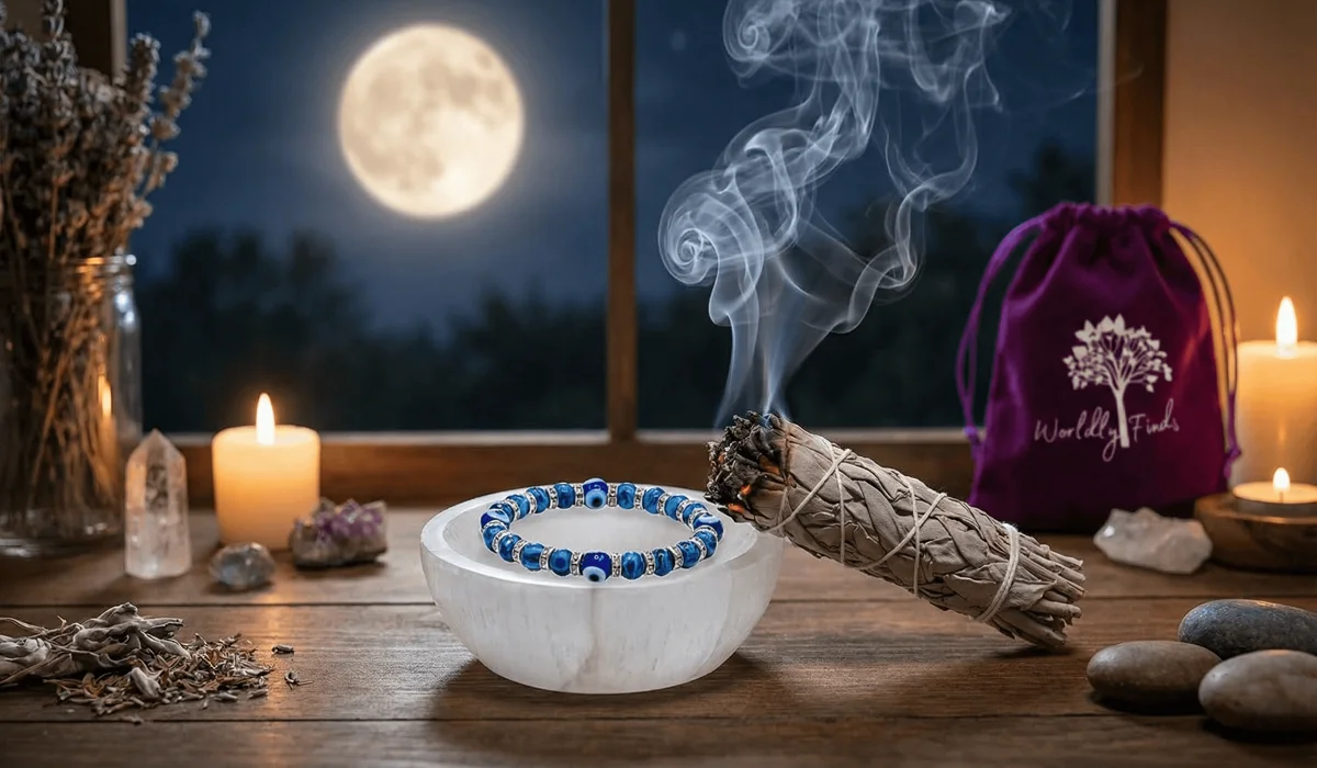 An evil eye bracelet being cleansed with sage smoke and charged on a selenite plate to replenish its protective vibrations.