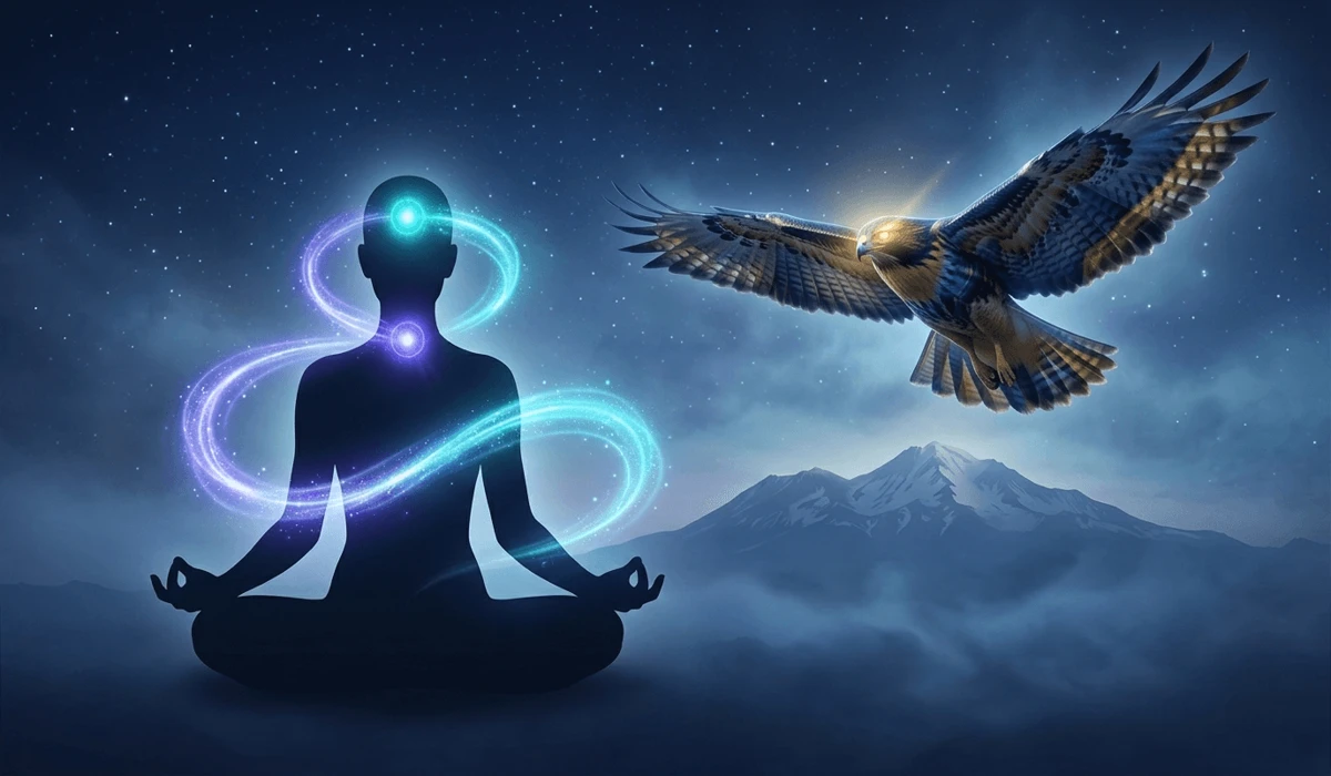 Conceptual illustration representing Hawk's Eye stone spiritual meaning, chakra energy, and soaring hawk perspective.