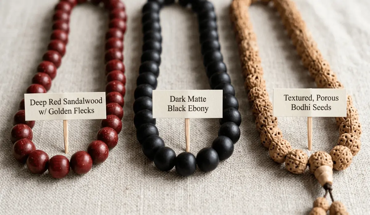 A comparison photo showing the visual differences between red sandalwood, ebony, and Bodhi seed beads.
