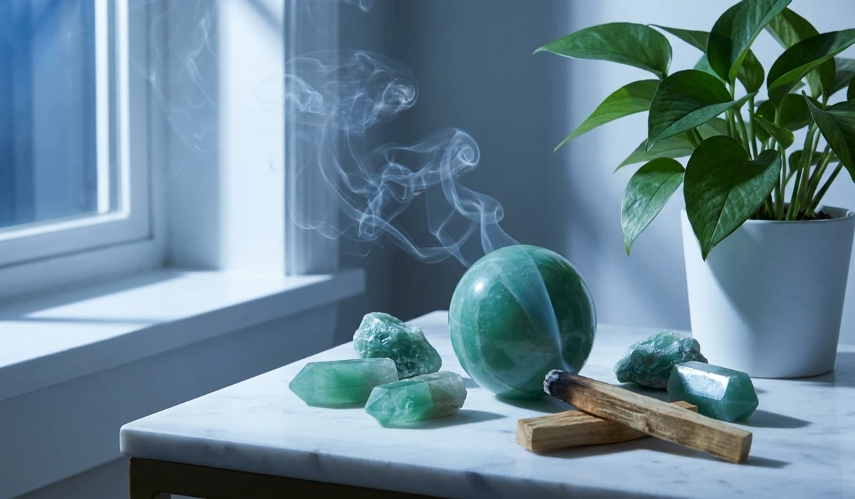 Cleansing and charging Green Aventurine crystals using palo santo smoke and natural moonlight to refresh their energy.
