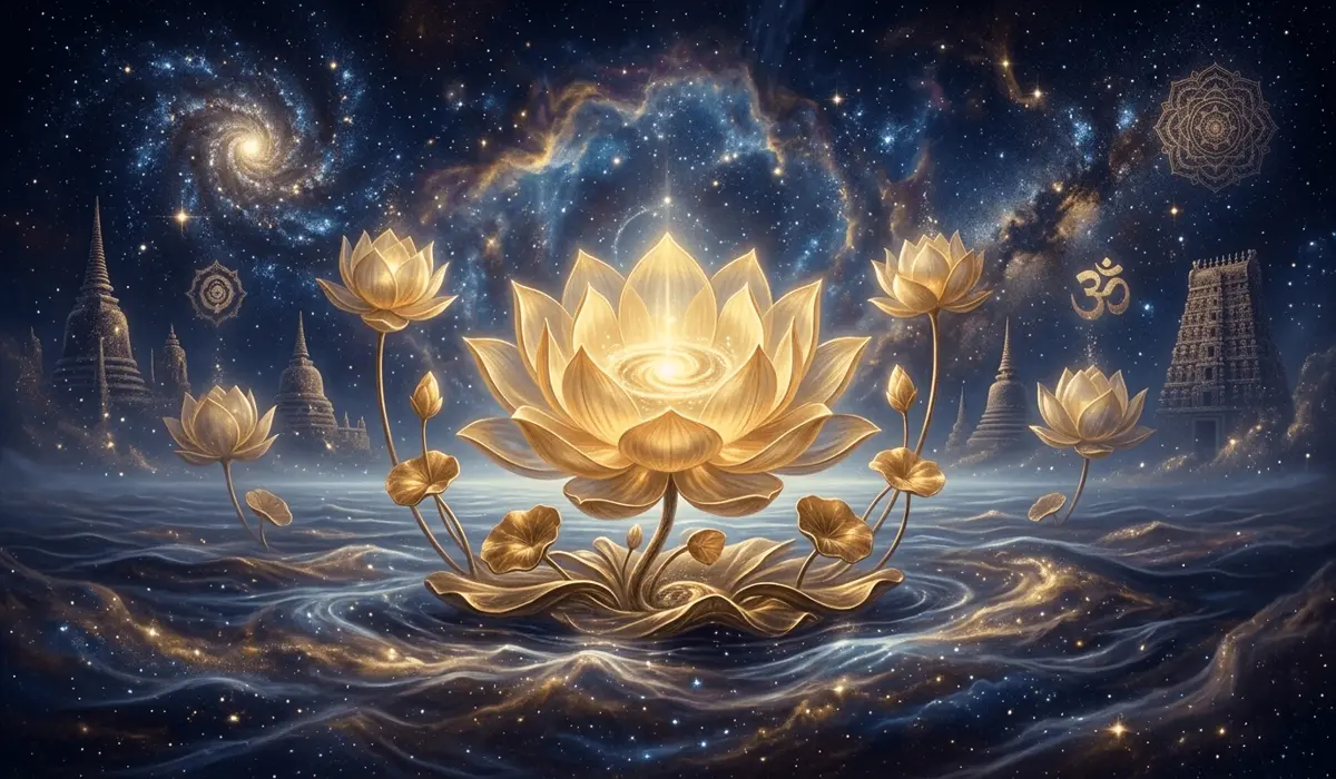 A divine golden lotus flower blooming in a cosmic space representing ancient Vedic and Buddhist origins of spiritual enlightenment and the birth of the universe.